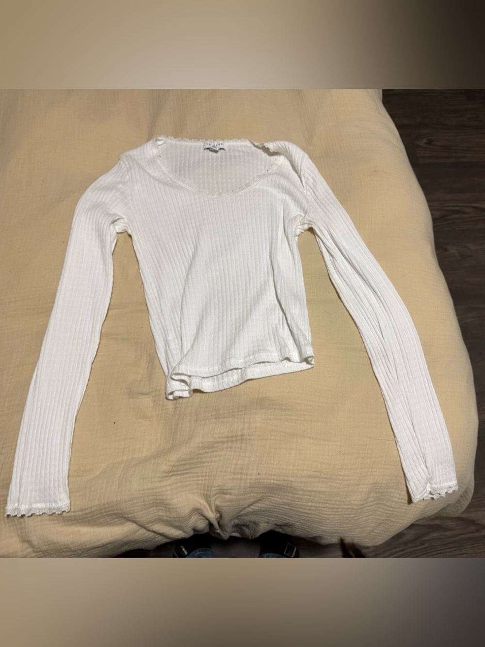 Topshop White Ribbed Long-Sleeve Scoop Neck Top with Lace Detailing